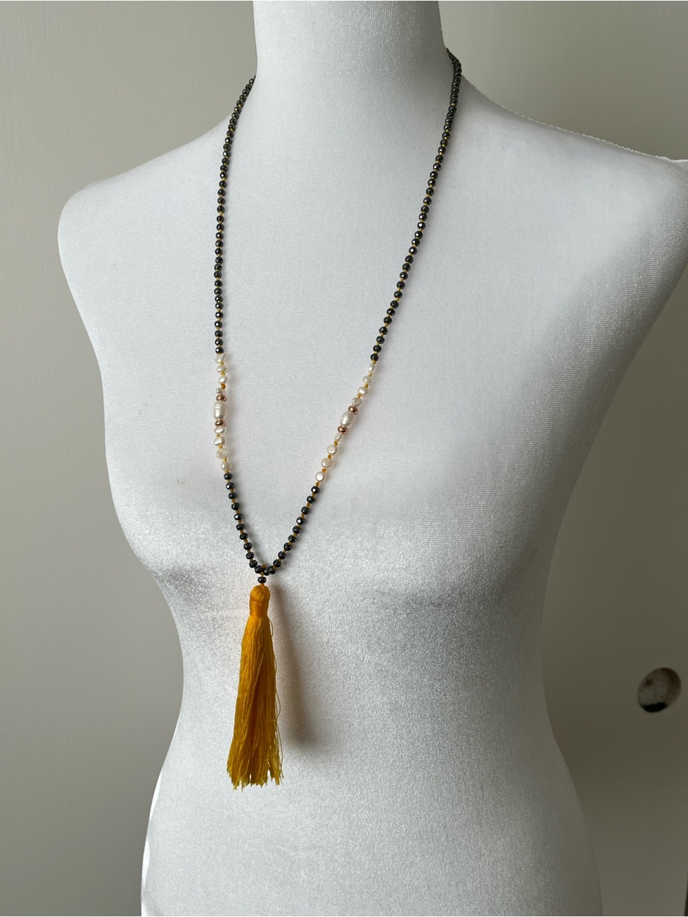 KELITCH Gunmetal Fresh Pearl Beaded Yellow Tassel Necklace Long Boho 29”